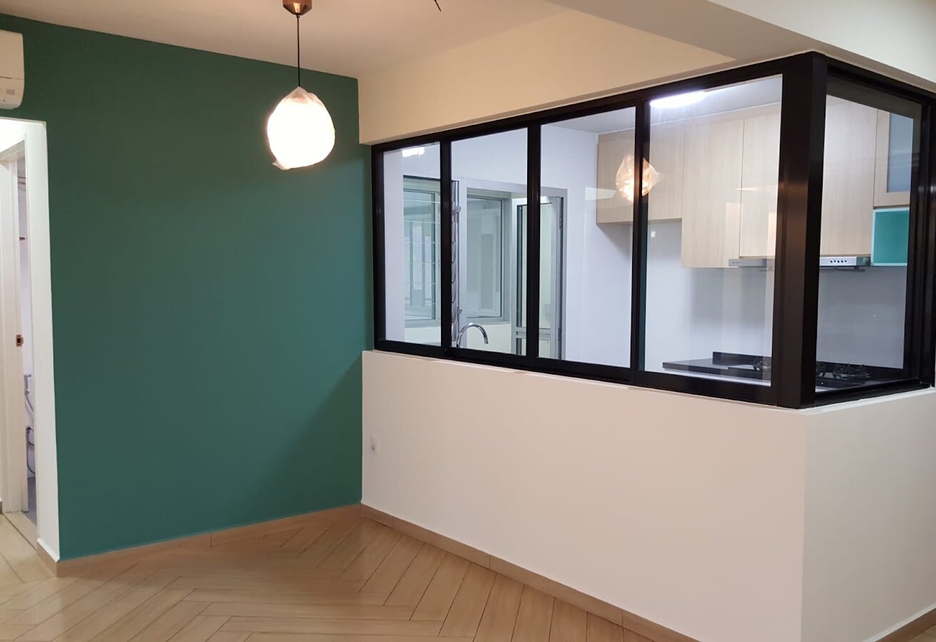 Green feature wall beside kitchen glazing, earlier work by Aura Design & Co.