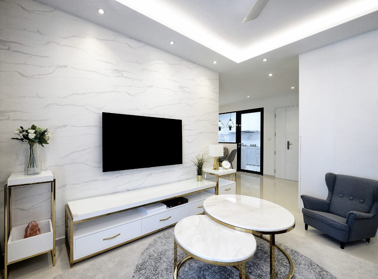 Marble feature wall and low console, earlier work by Aura Design & Co.