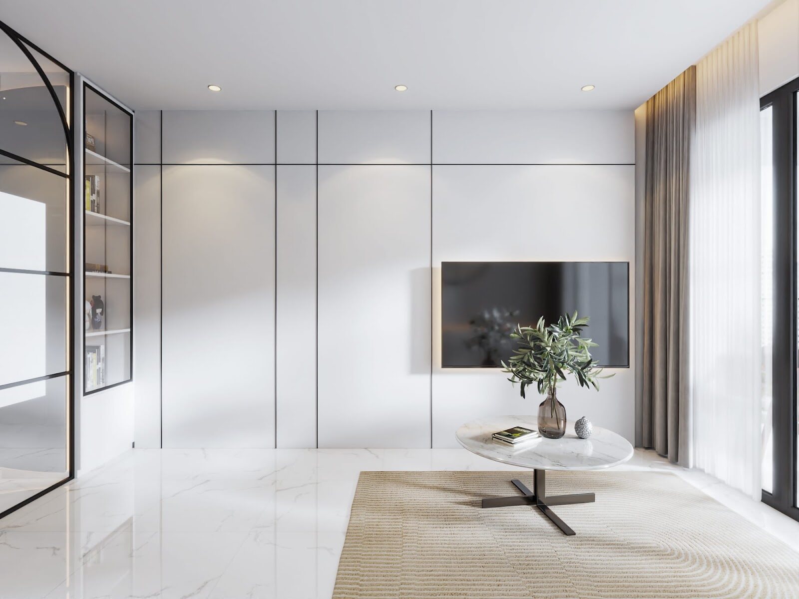 3D visualisation: Living area, white panelled joinery, Aura Design & Co.