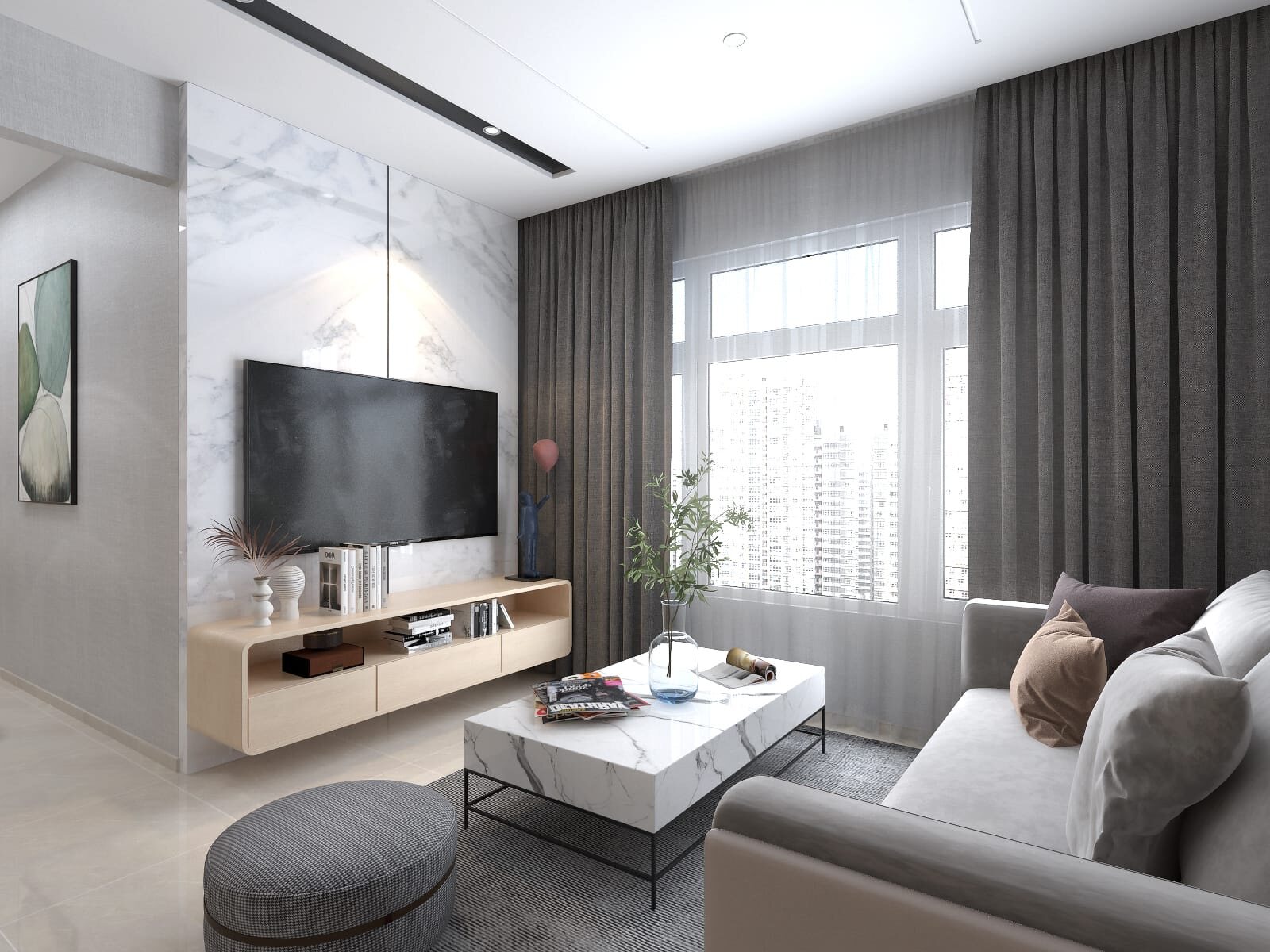 3D visualisation: Living room with a marble television wall, Aura Design & Co.