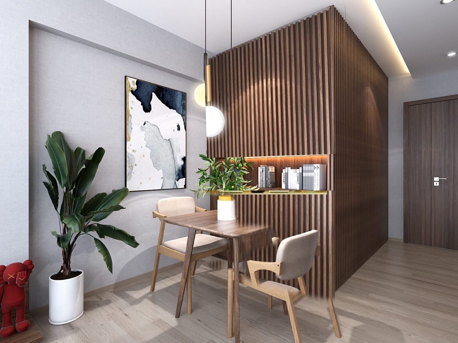 3D visualisation: Dining nook beside a fluted timber wall, Aura Design & Co.